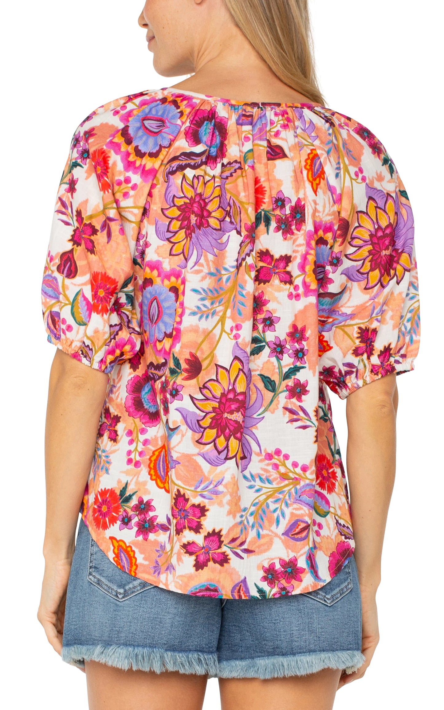 Button Front Shirred Woven Top-Floral Paradise Multi