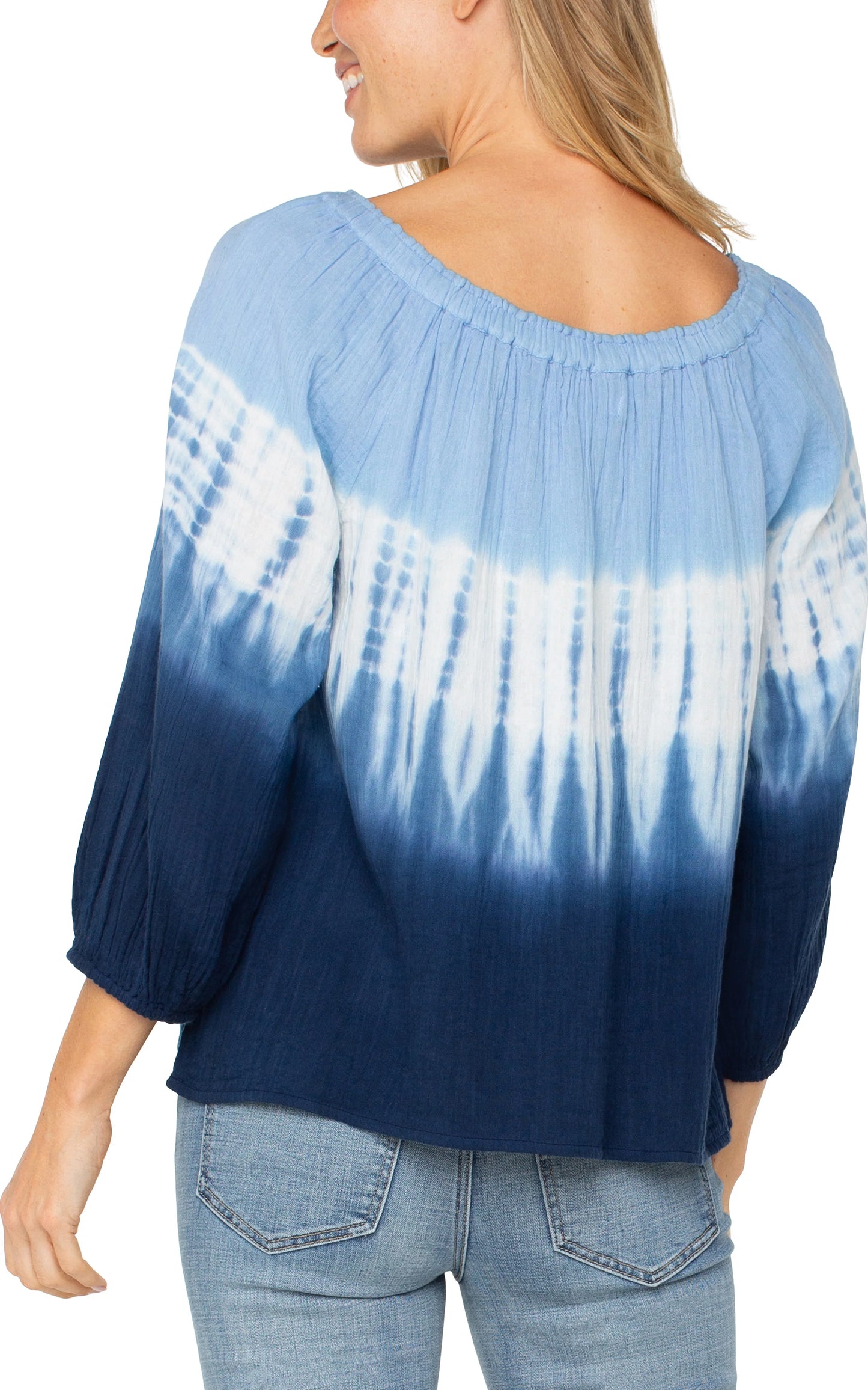 3/4 Sleeve Boat Neck Woven Top-Blue White Tie Dye