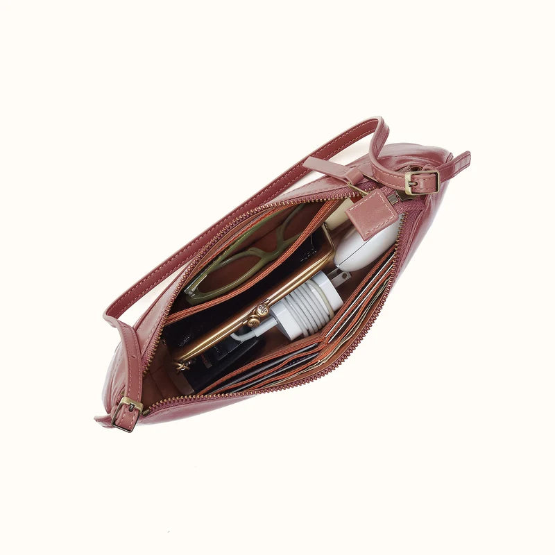 Scottie Slim Shoulder Bag in Pebbled Leather- Rosewood