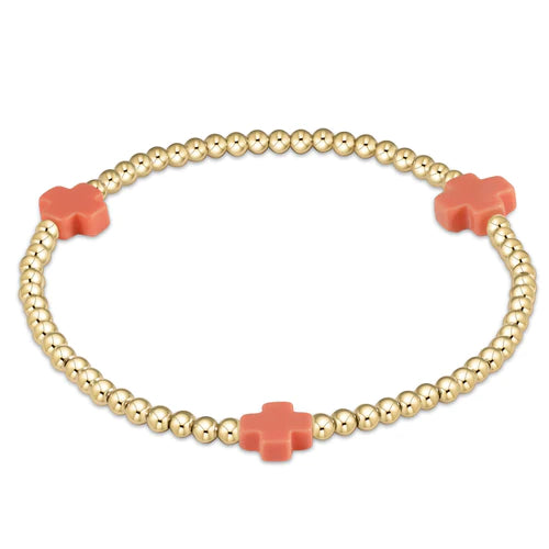 Signature Cross Gold Pattern 3mm Bead Bracelet- Coral