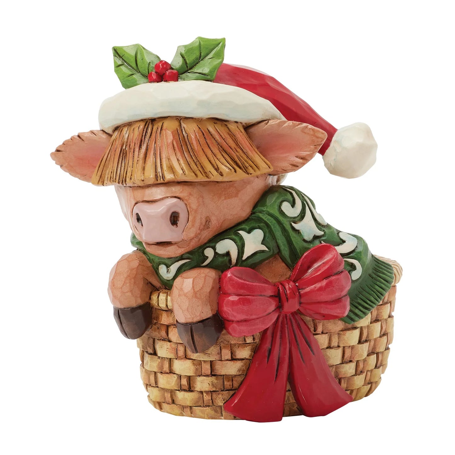 Mini Highland Cow in a Basket Figurine