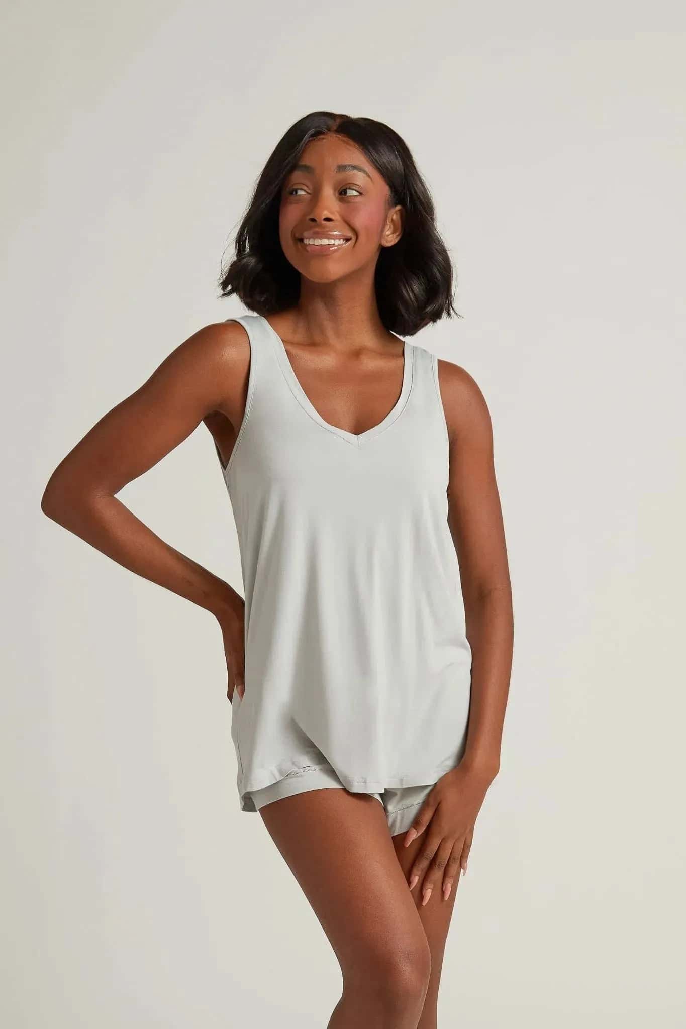 Double V-Neck Tank- Fog