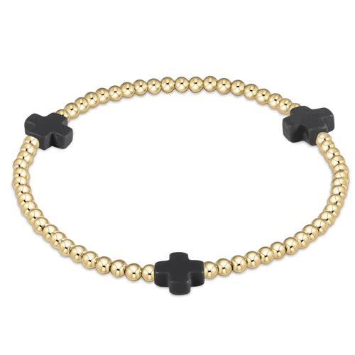 Signature Cross Gold Pattern 3mm Bead Bracelet- Charcoal